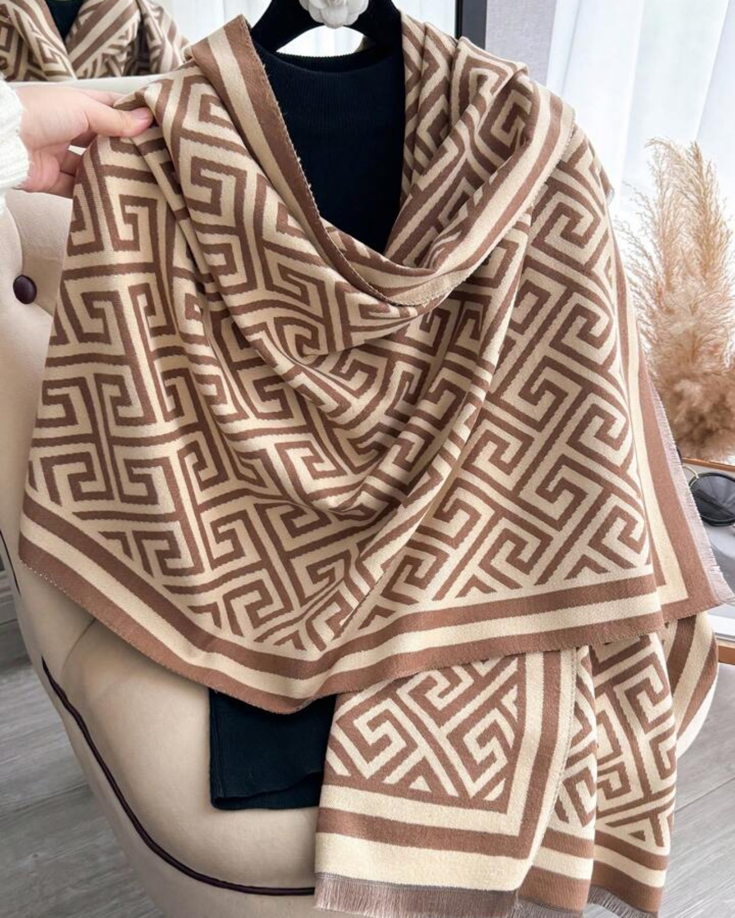 Designer-Inspired Jacquard Knit Shawl with Greek Key Pattern