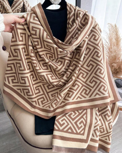 Designer-Inspired Jacquard Knit Shawl with Greek Key Pattern