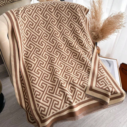 Designer-Inspired Jacquard Knit Shawl with Greek Key Pattern