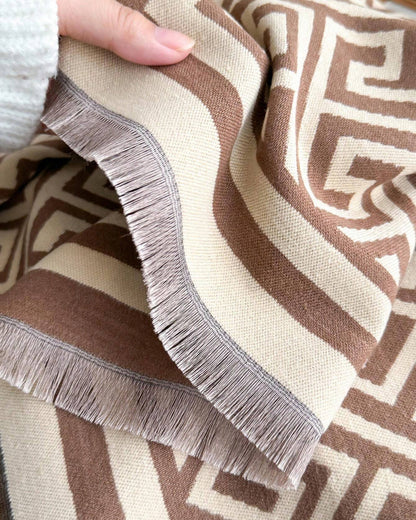 Designer-Inspired Jacquard Knit Shawl with Greek Key Pattern