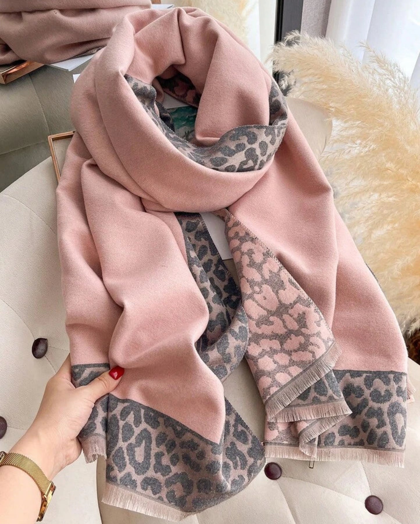 Dual-Sided Pink & Grey Leopard Print Scarf and Shawl