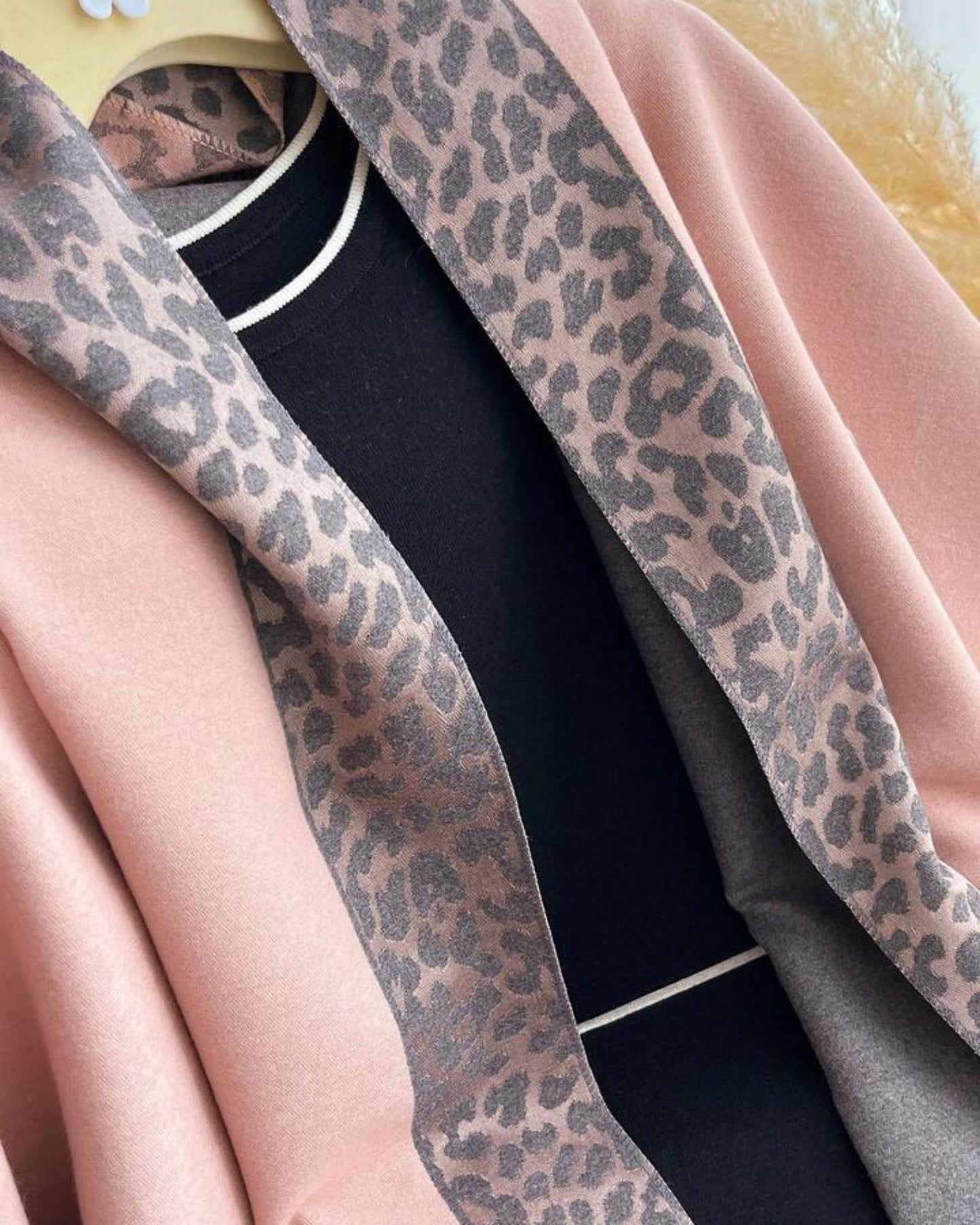 Dual-Sided Pink & Grey Leopard Print Scarf and Shawl