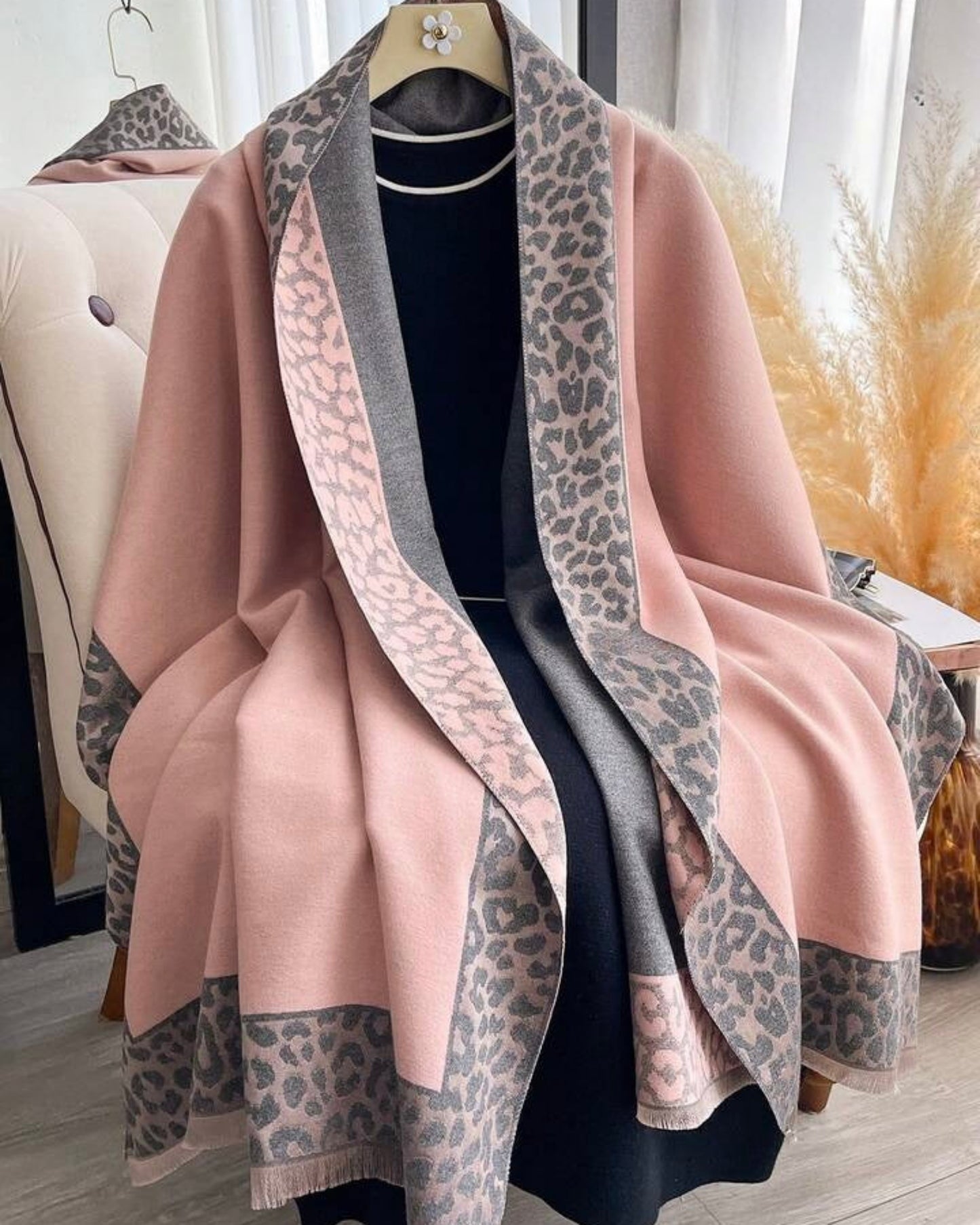 Dual-Sided Pink & Grey Leopard Print Scarf and Shawl