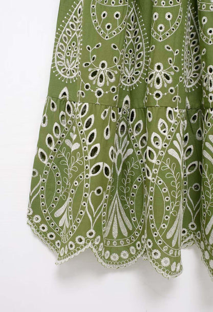 Boho Green Embroidered Midi Dress – Chic & Elegant Summer Wear