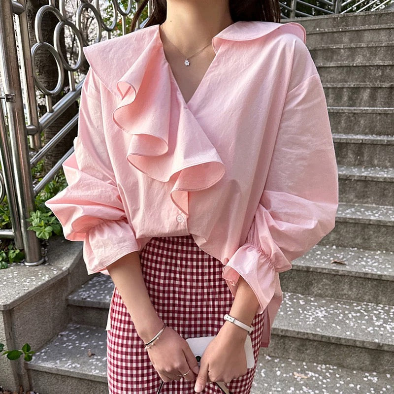 Pie Elegant Ruffle Sleeve Cotton Shirt