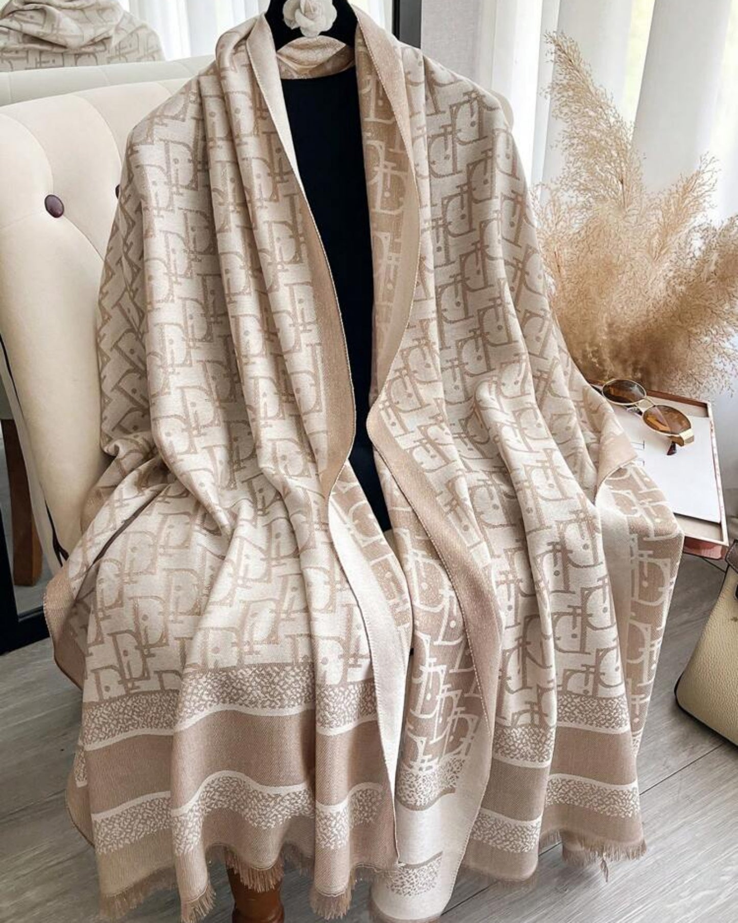 Elegant Beige Monogram Oversized Scarf Wrap