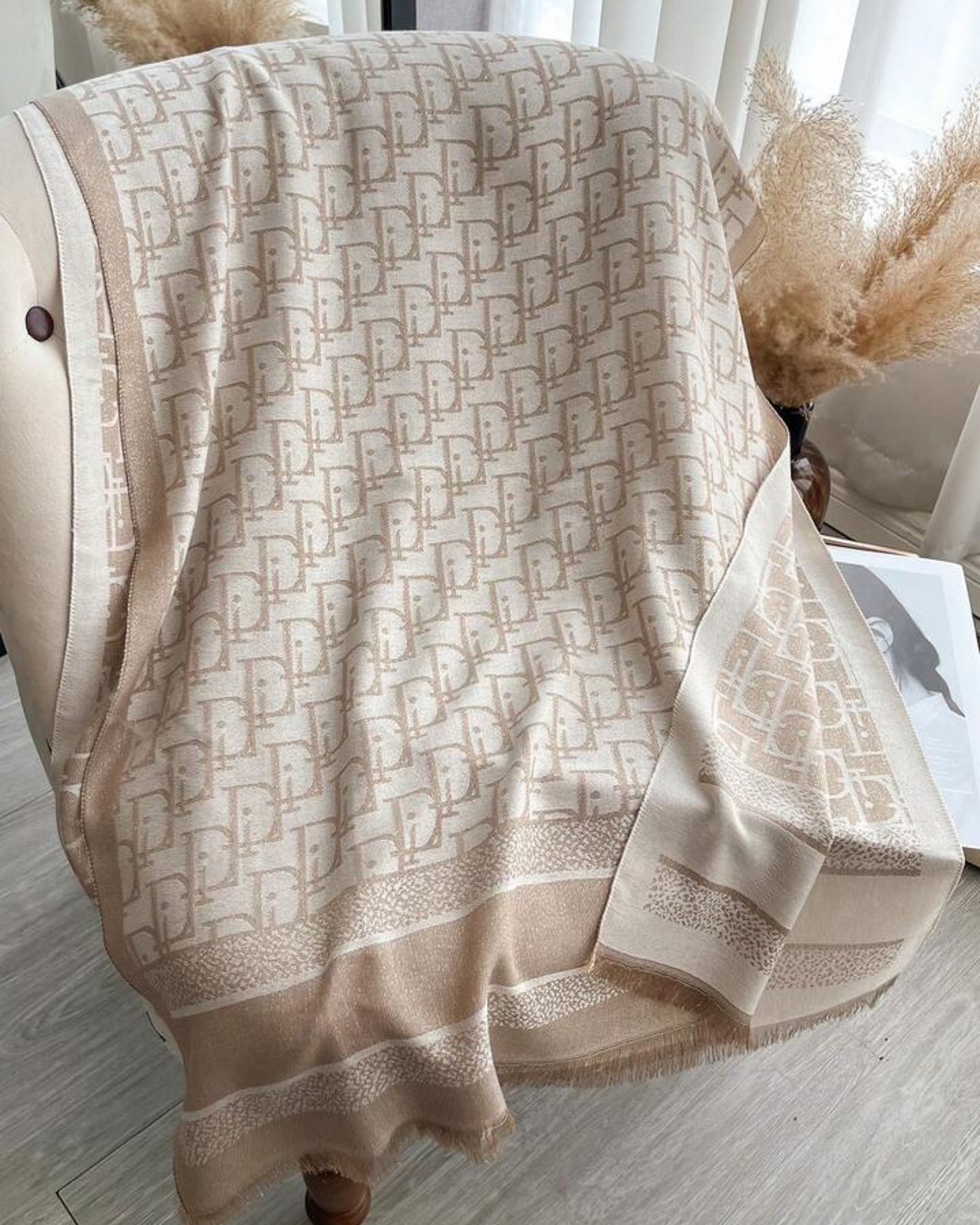 Elegant Beige Monogram Oversized Scarf Wrap