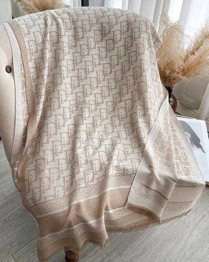 Elegant Beige Monogram Oversized Scarf Wrap