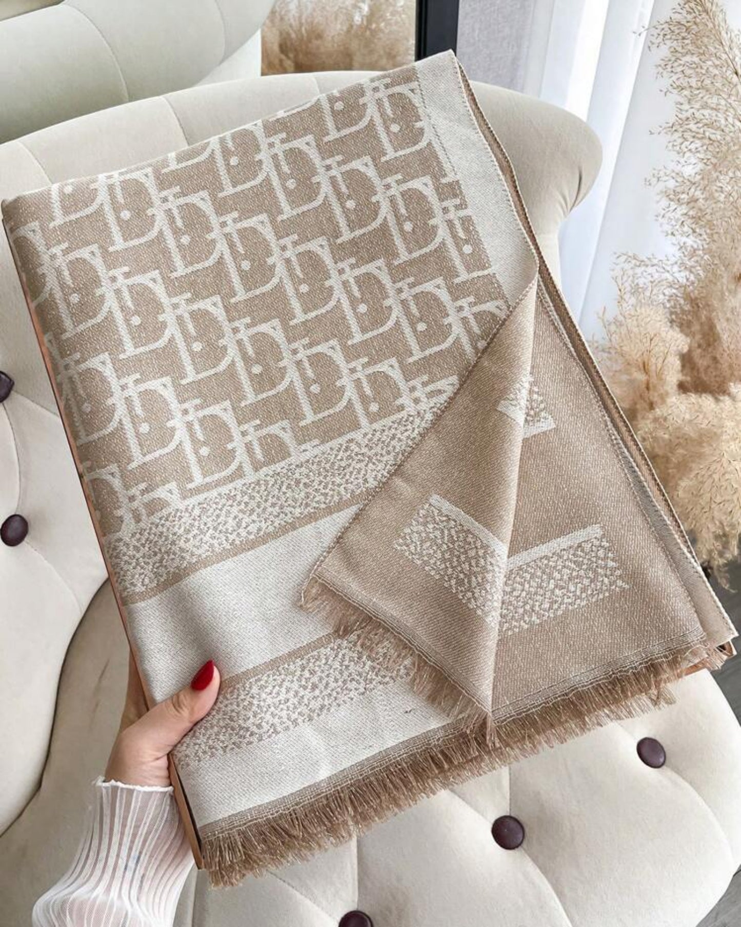 Elegant Beige Monogram Oversized Scarf Wrap