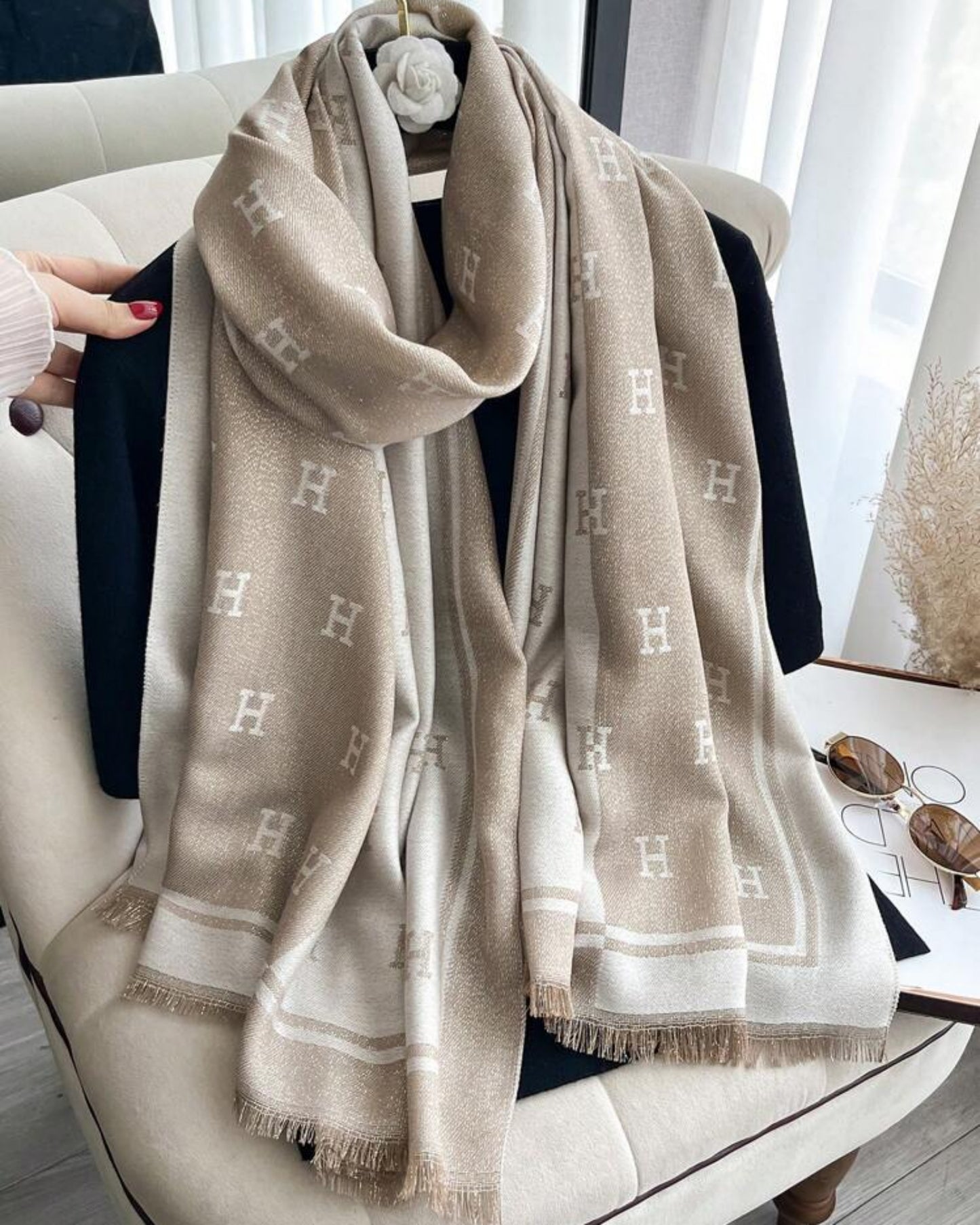 Elegant Beige and Cream Cashmere Blend Monogram Wrap Shawl