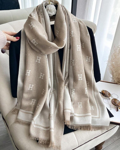 Elegant Beige and Cream Cashmere Blend Monogram Wrap Shawl