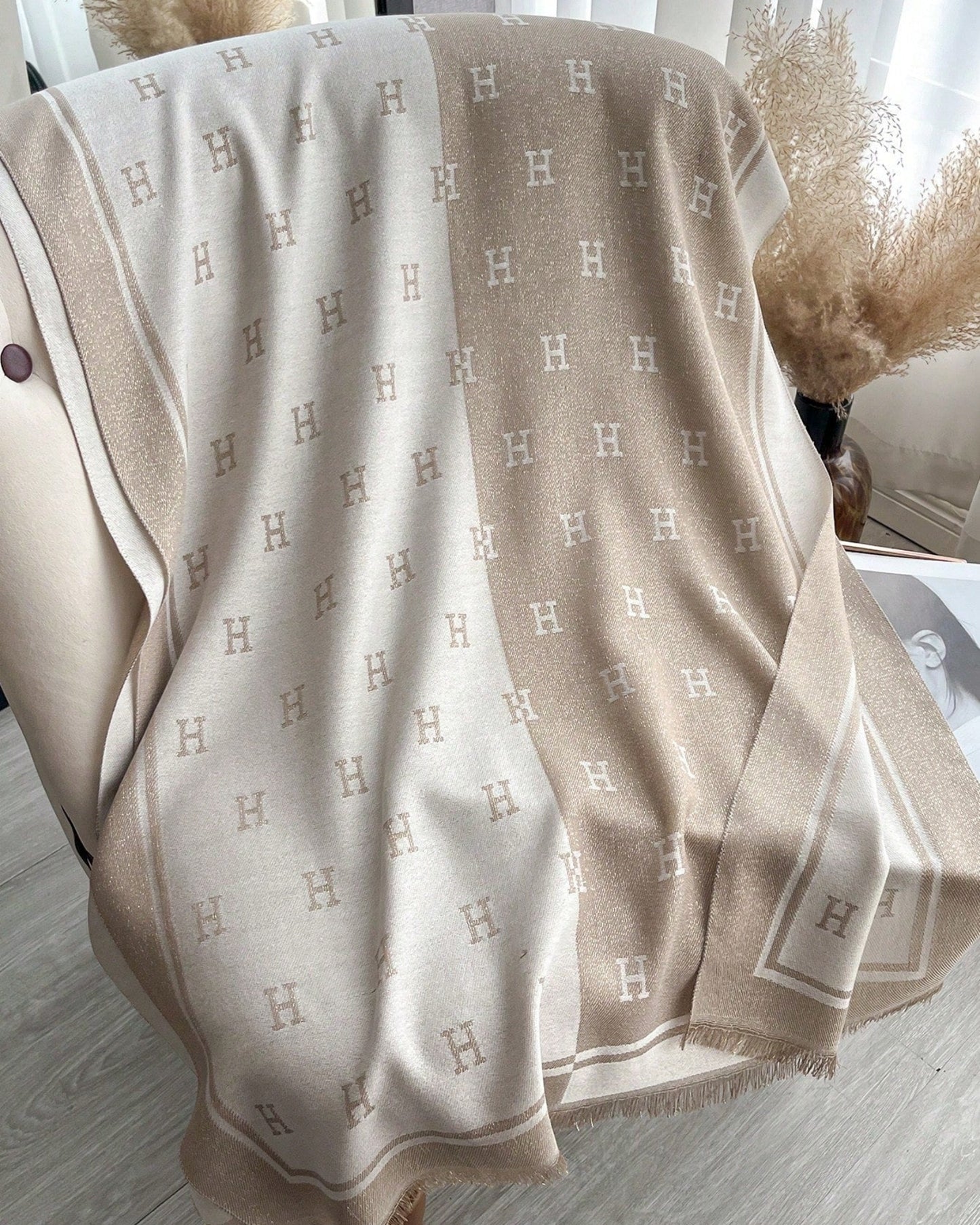 Elegant Beige and Cream Cashmere Blend Monogram Wrap Shawl