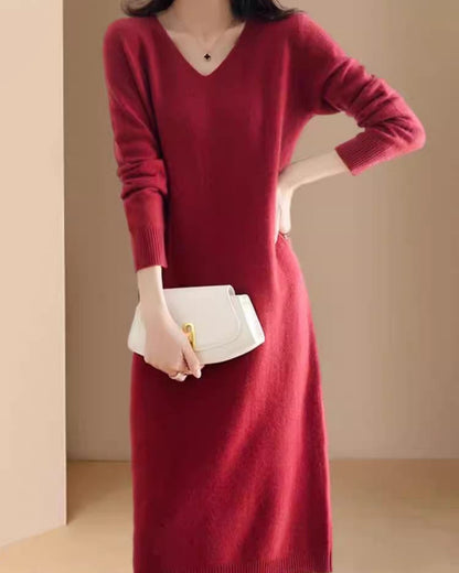Elegant Long Sleeve V-Neck Ribbed Hem Winter Knit Dress