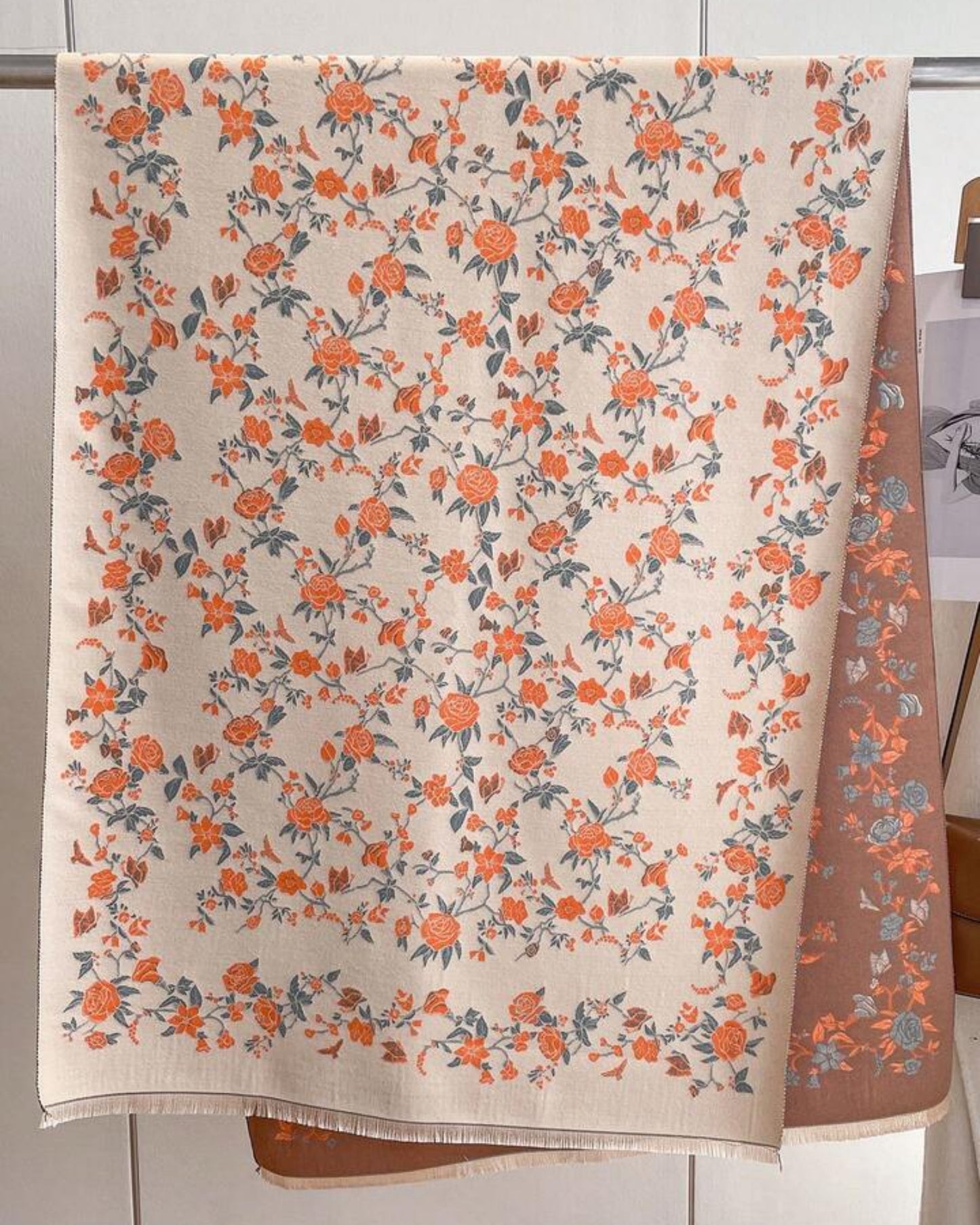 Elegant Rose & Vine Print Two-Tone Cozy Wrap Shawl