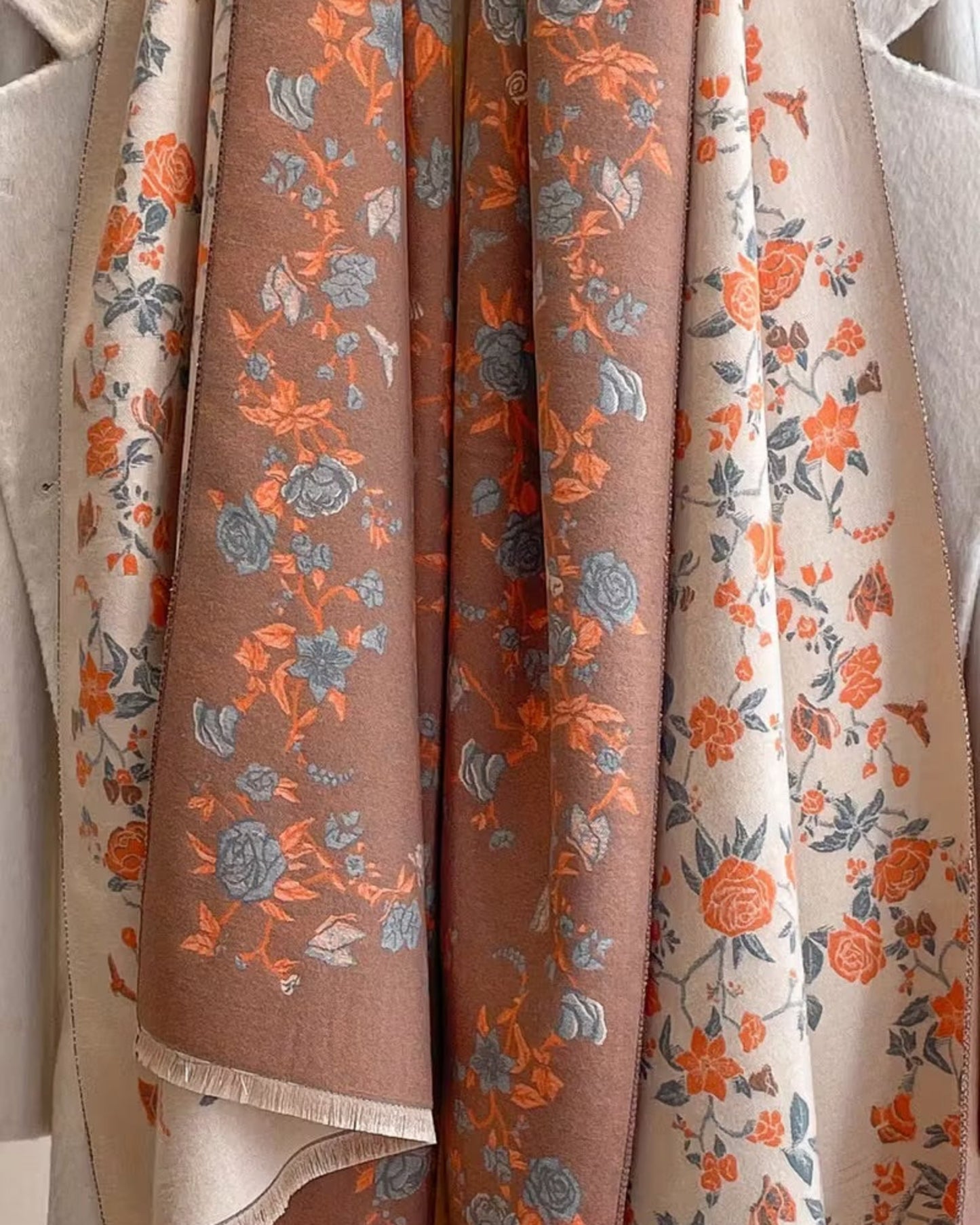Elegant Rose & Vine Print Two-Tone Cozy Wrap Shawl