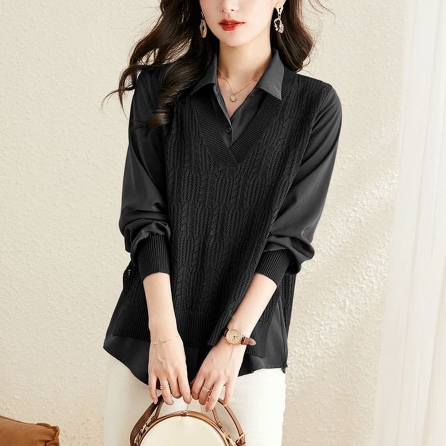 Elegant Satin Knit Overlay Shirt Top