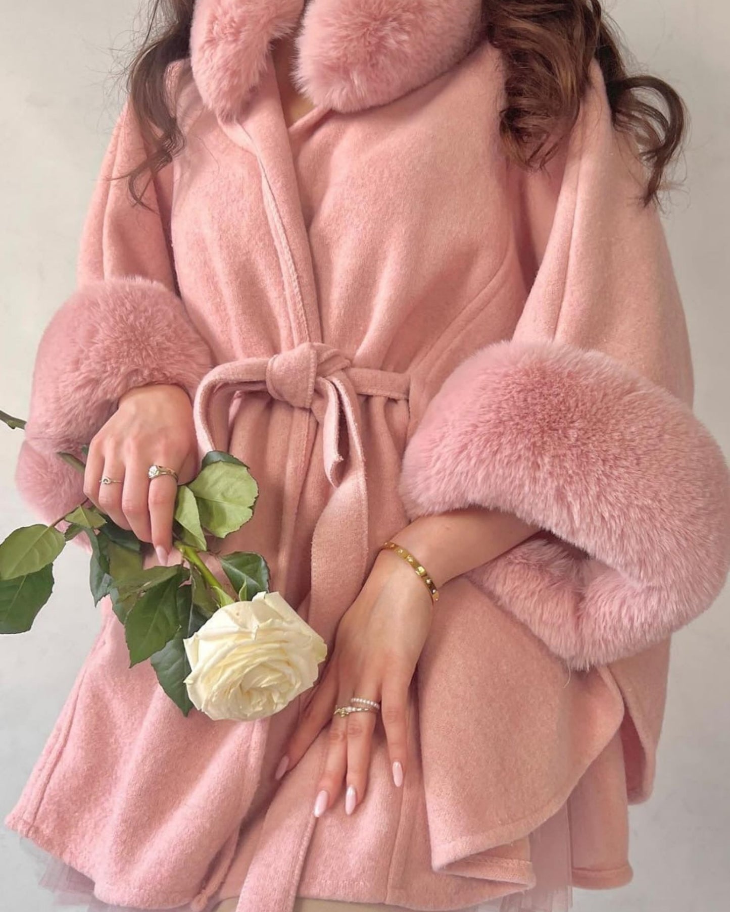 Elex Cape with Fur Cuffs and Tie Waist