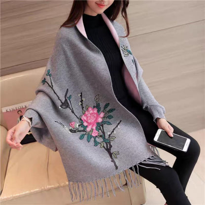 Embroidered Floral Shawl Wrap Cardigan with Fringe