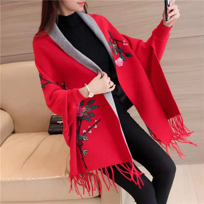 Embroidered Floral Shawl Wrap Cardigan with Fringe
