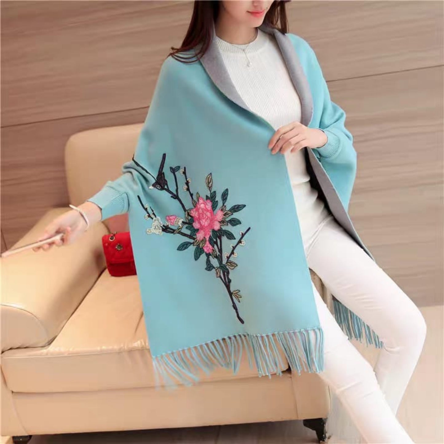 Embroidered Floral Shawl Wrap Cardigan with Fringe