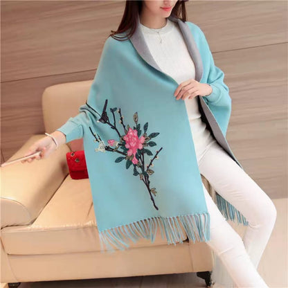 Embroidered Floral Shawl Wrap Cardigan with Fringe