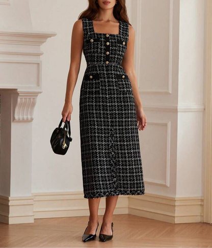 Cleo Vintage-Inspired Black Tweed Buttoned Dress - Elegant Classic Look