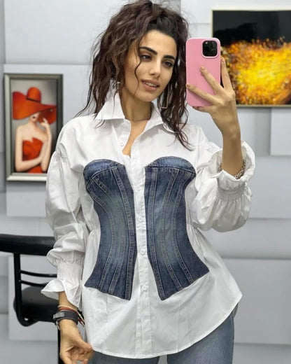 Lem White Button-Up Shirt with Denim Corset Effect