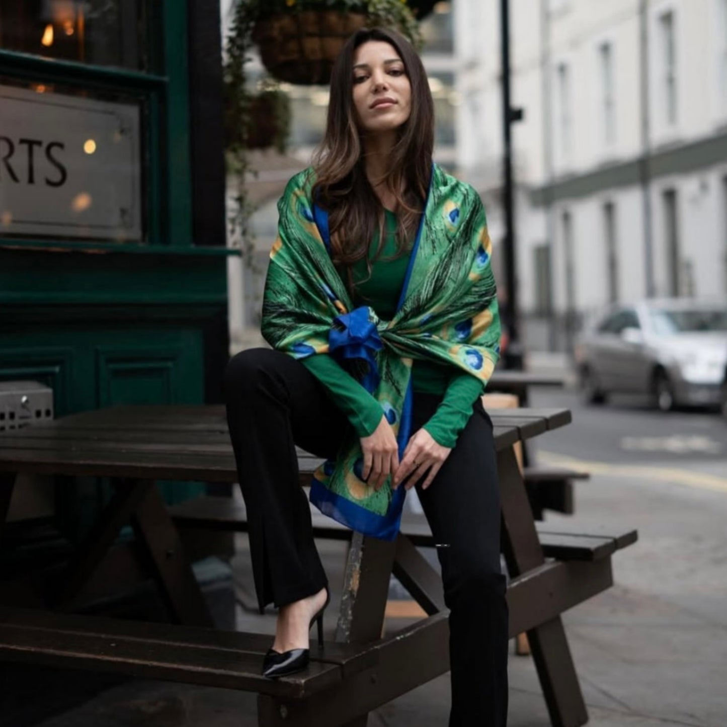 Grozy Peacock Print Satin Stole