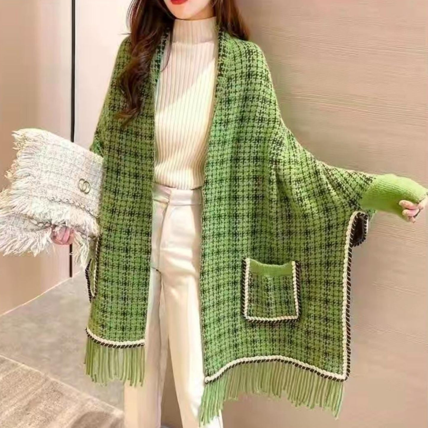 Hail Chess Weave Winter Wrap Shawl with Pockets