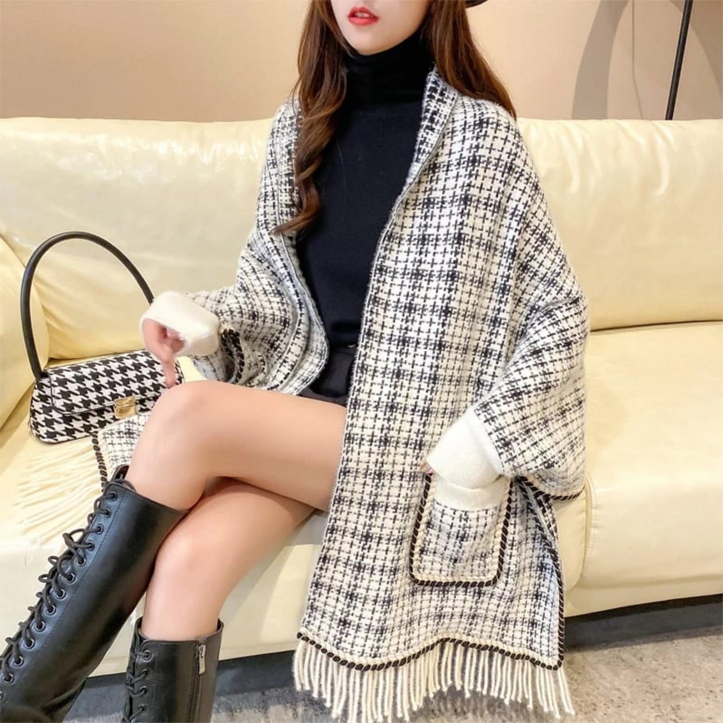 Hail Chess Weave Winter Wrap Shawl with Pockets