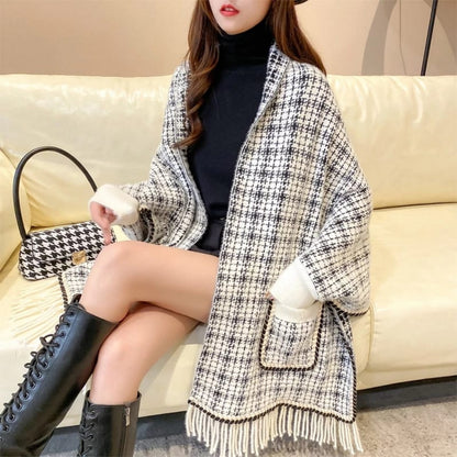 Hail Chess Weave Winter Wrap Shawl with Pockets