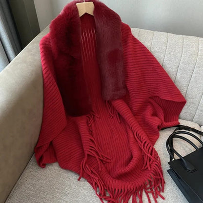 Luxe Fur Collar Fringe Poncho
