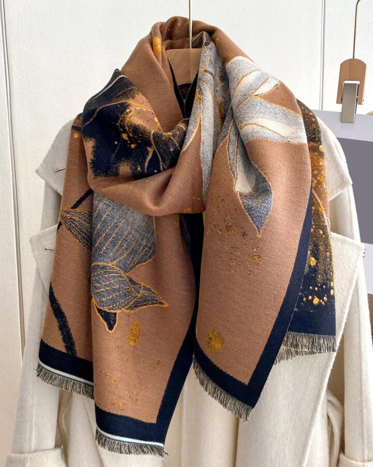Midnight Amber Botanical Shawl with Gold Leaf Accents
