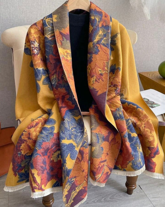 Mustard Yellow Vintage Floral Shawl & Wrap