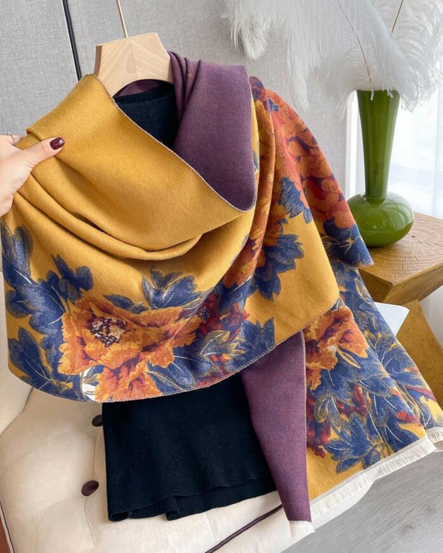 Mustard Yellow Vintage Floral Shawl & Wrap