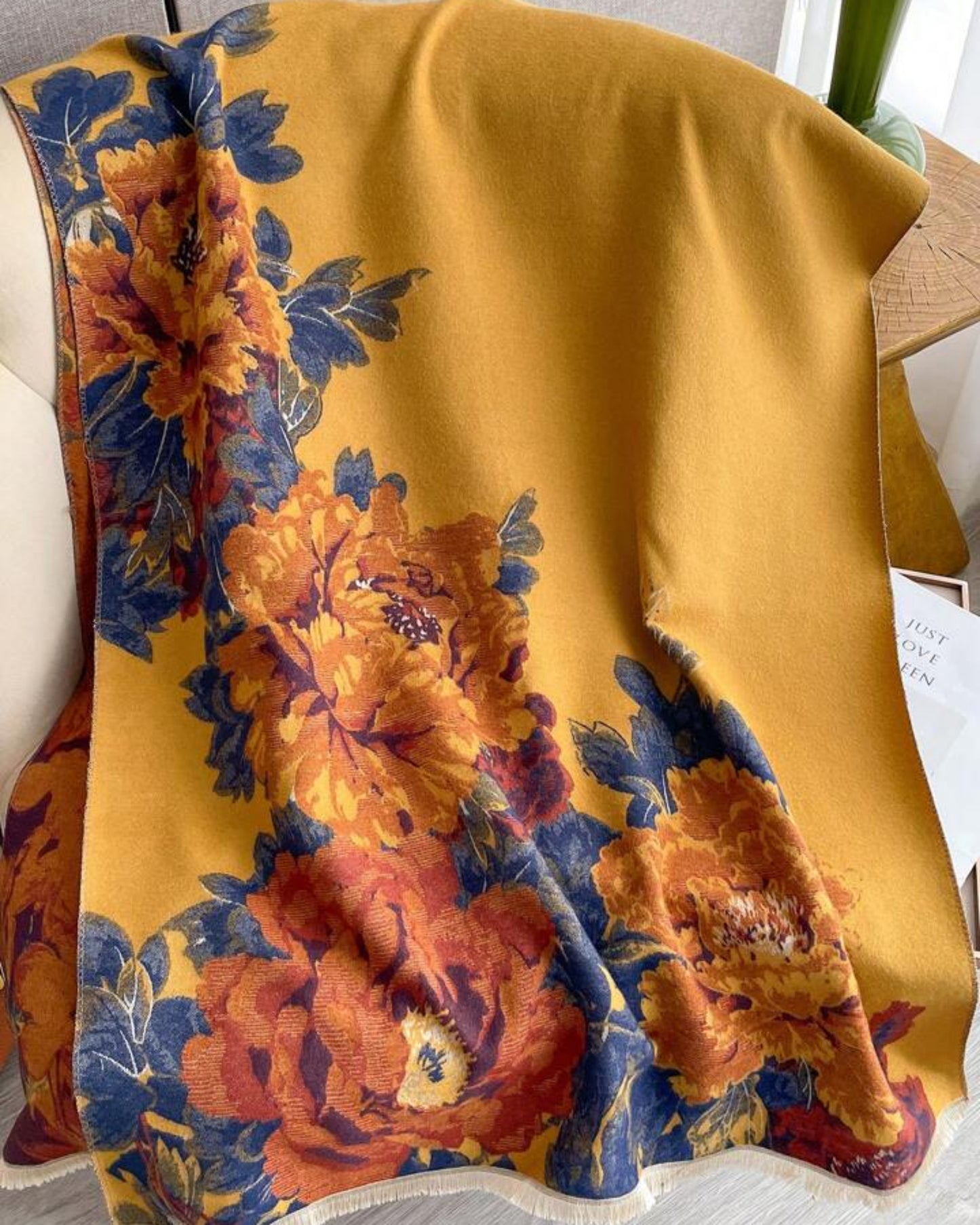 Mustard Yellow Vintage Floral Shawl & Wrap