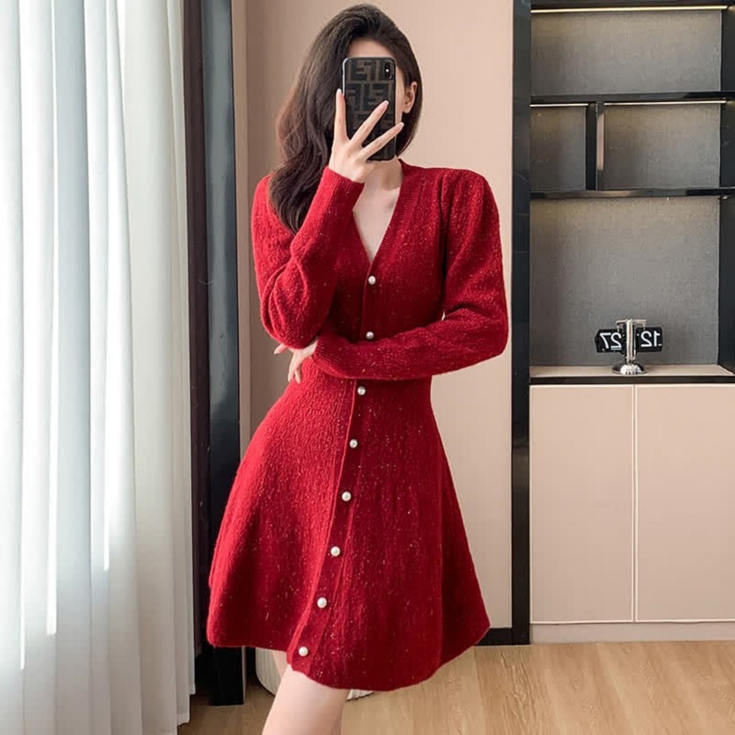 Parisienne Ribbed Knit Flare Dress with Pearl Accents