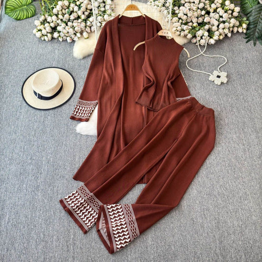 Premium 3-Piece Ribbed Knit Co-ord Set - Sleeveless Top & Duster
