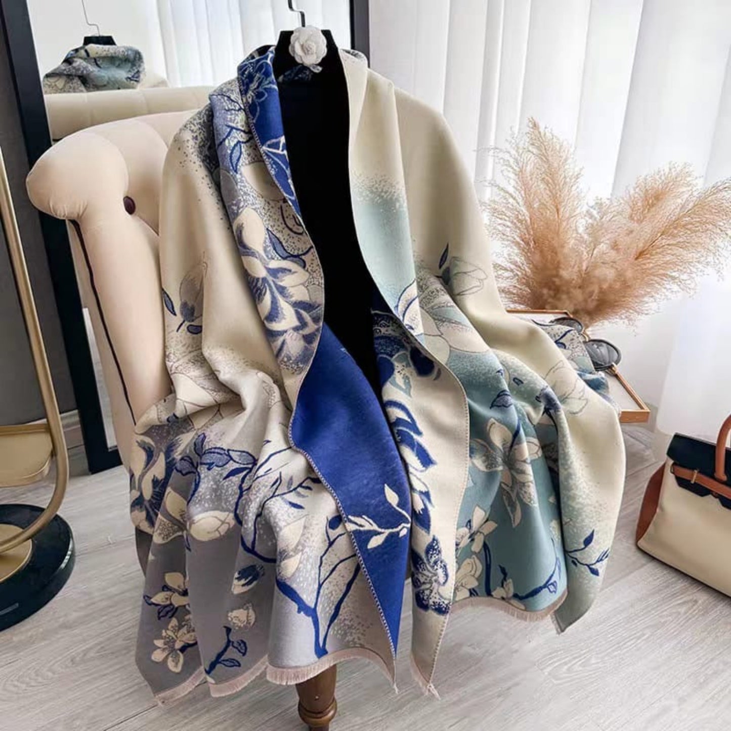 Skybloom Luxury Reversible Floral Print Cashmere Feel Scarf/Shawl
