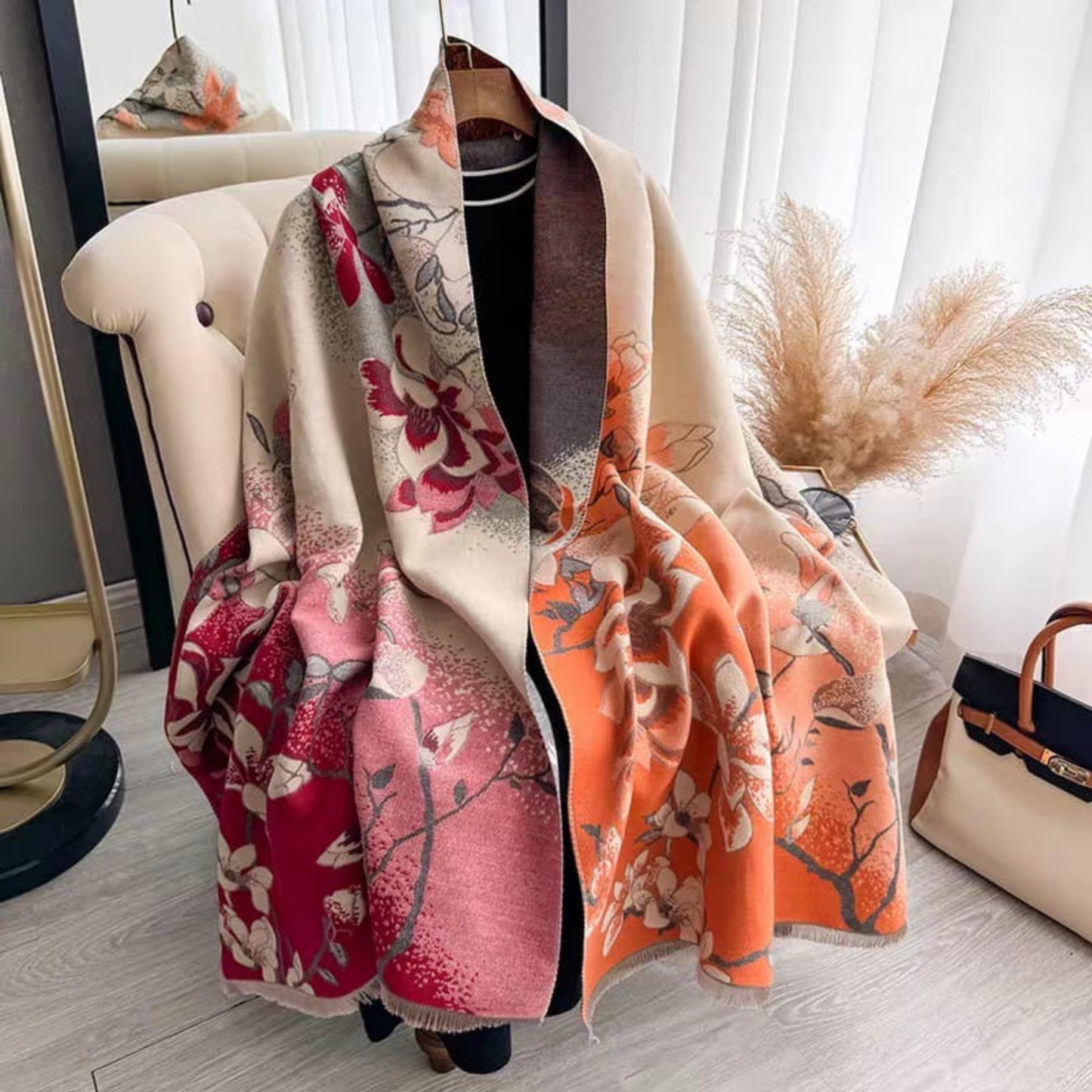Skybloom Luxury Reversible Floral Print Cashmere Feel Scarf/Shawl