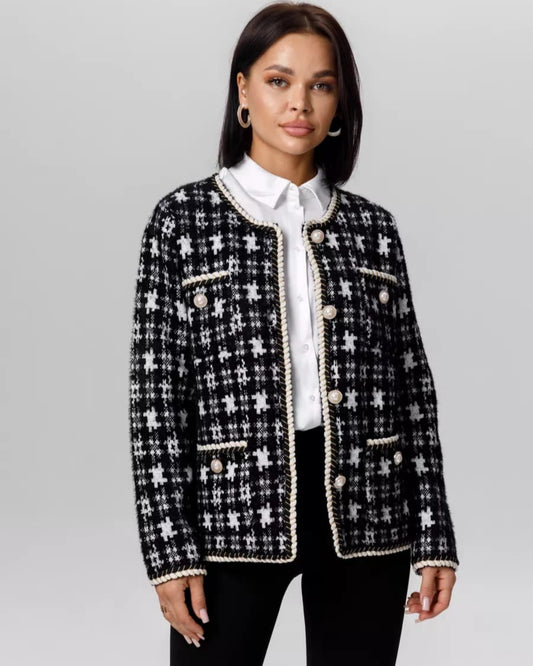 Tweed Knit Cardigan with Pearl Trim